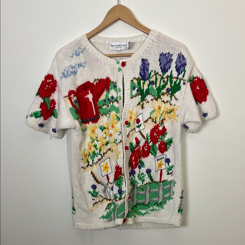 Vintage Cottagecore Garden Knit Cardigan Floral Watering Can Sweater - Picture 2 of 4